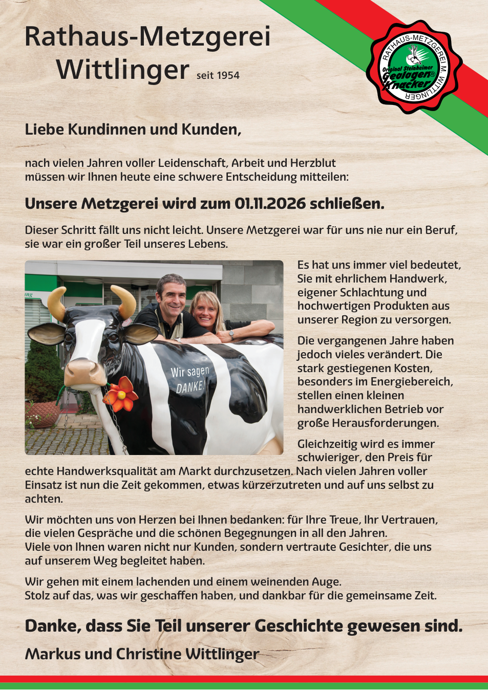 Abschiedsbrief von Markus und Christine Wittlinger zur Geschäftsaufgabe. Danke für Ihre Treue und Ihr Vertrauen.